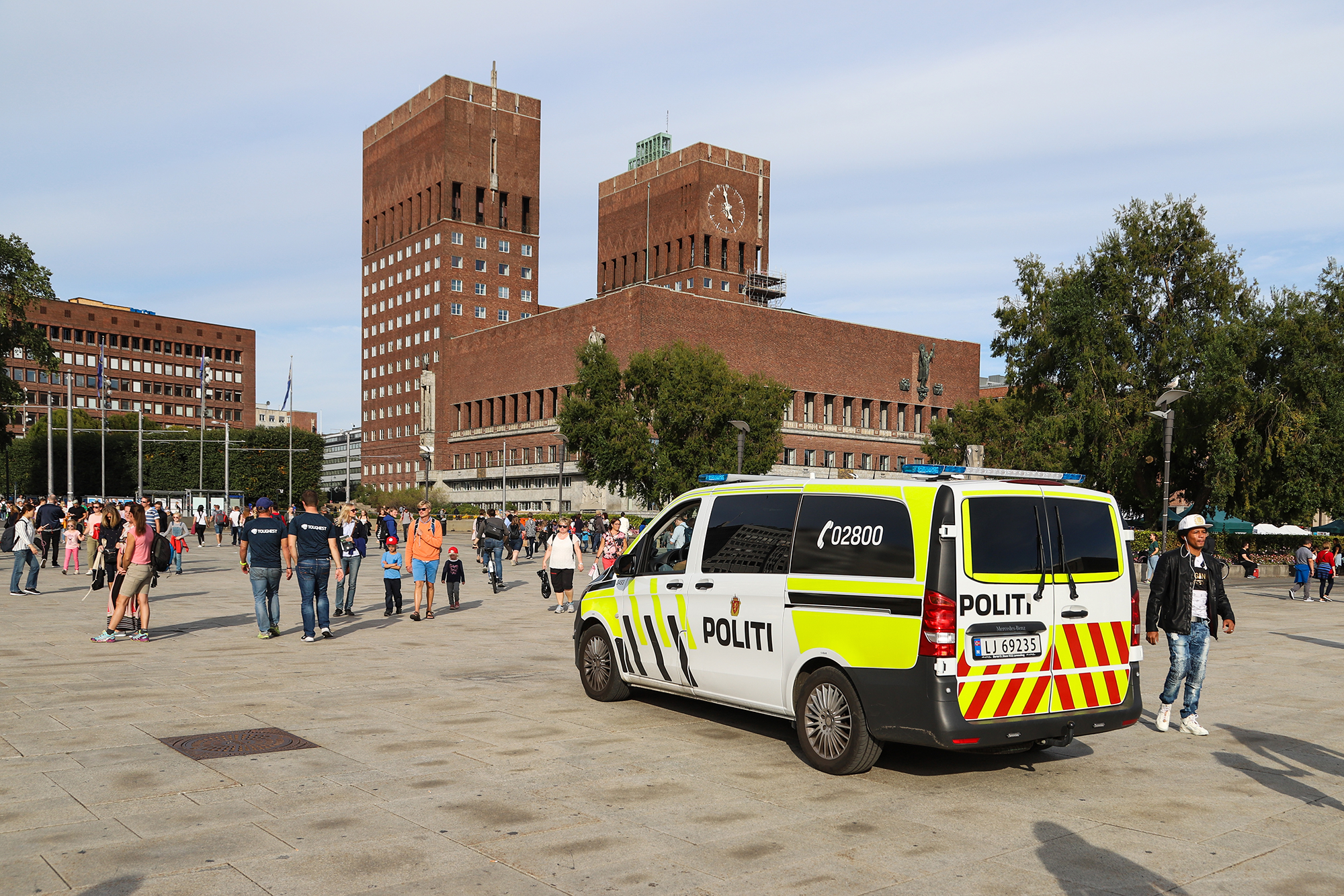 Police car in the Oslo City Hall square.