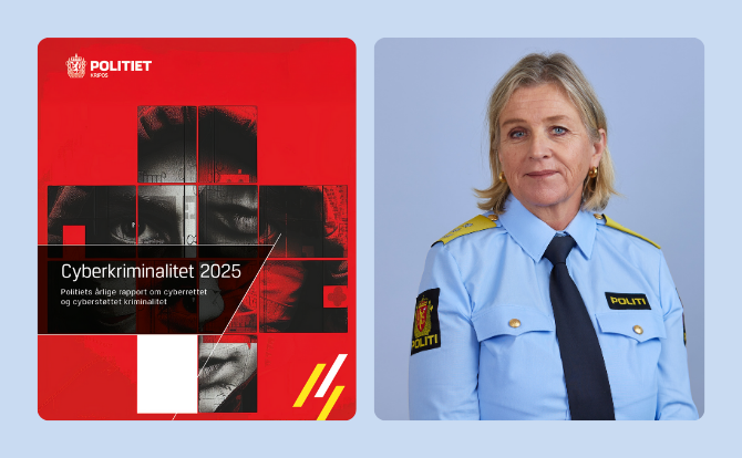 To bilder i ett bilde. Det ene bildet viser omslaget av rapporten "Cyberkriminalitet 2025", mens det andre viser et profilbilde av Kristin Kvigne, sjefen for Kripos. 