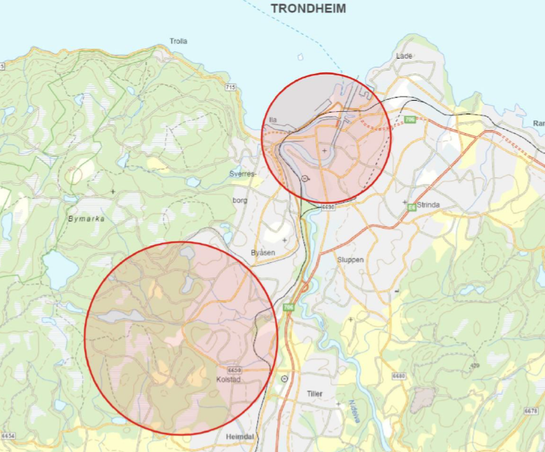 Kart over de to områdene med droneforbud under ski-VM.