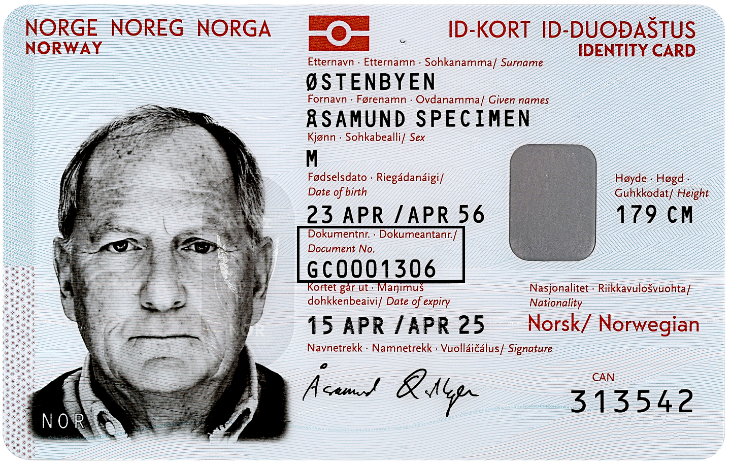 Illustration photo of a Norwegian ID card where the document number is next to the photo and under the field for date of birth.