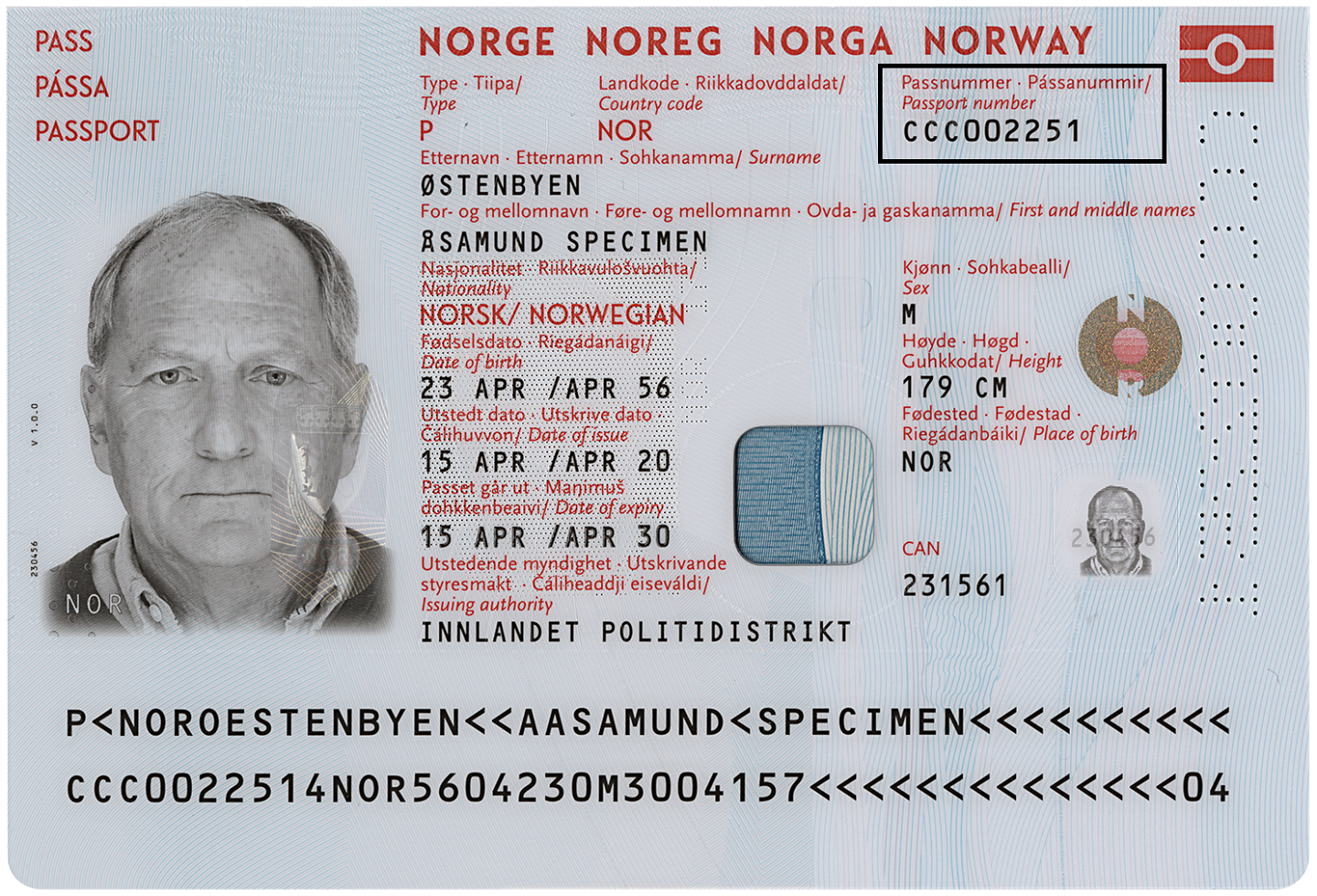 Illustrationphoto of a Norwegian passport where the document number is at the top right of the document.