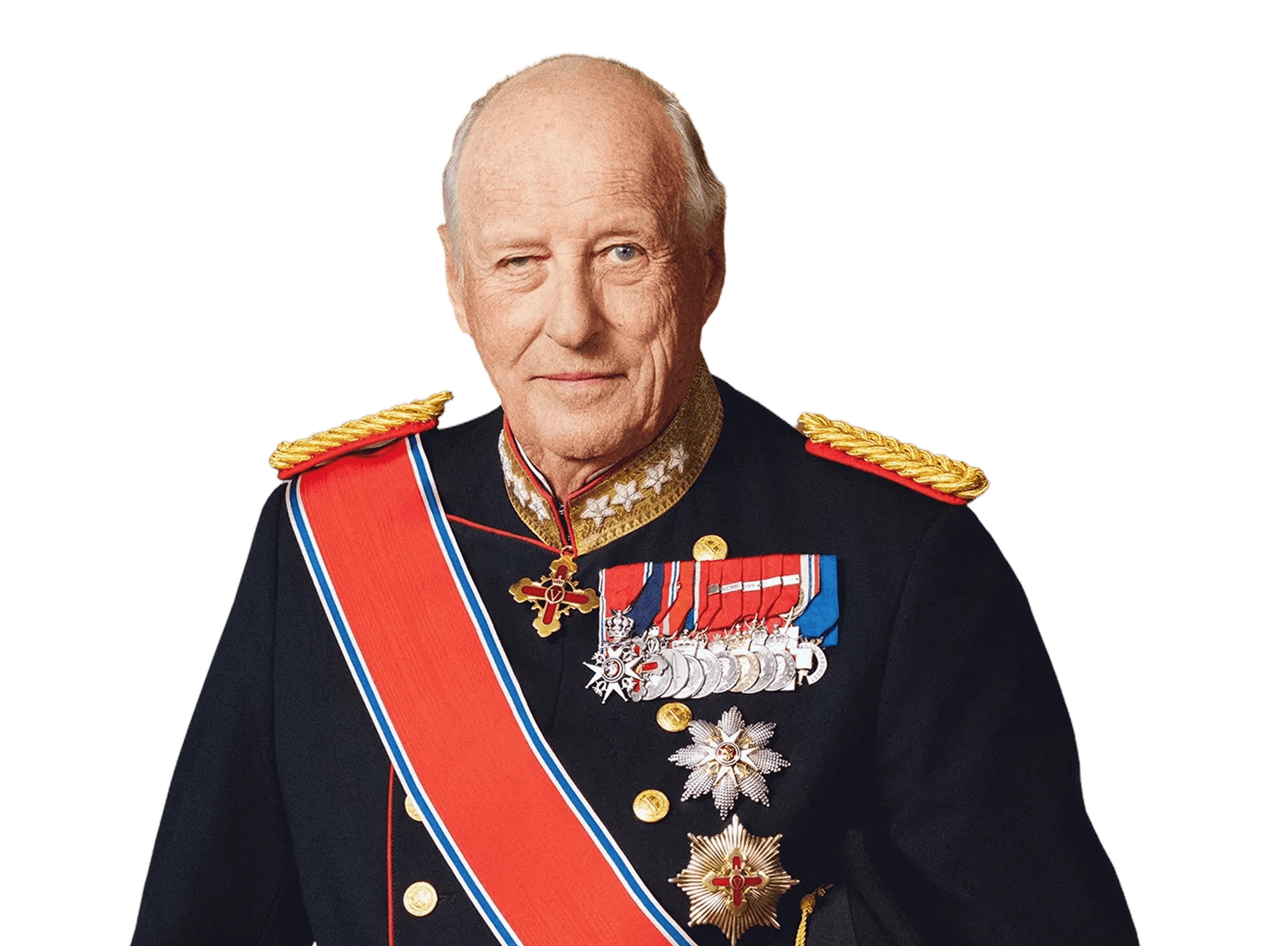 Bilde av kong Harald V i gallauniform med medaljer